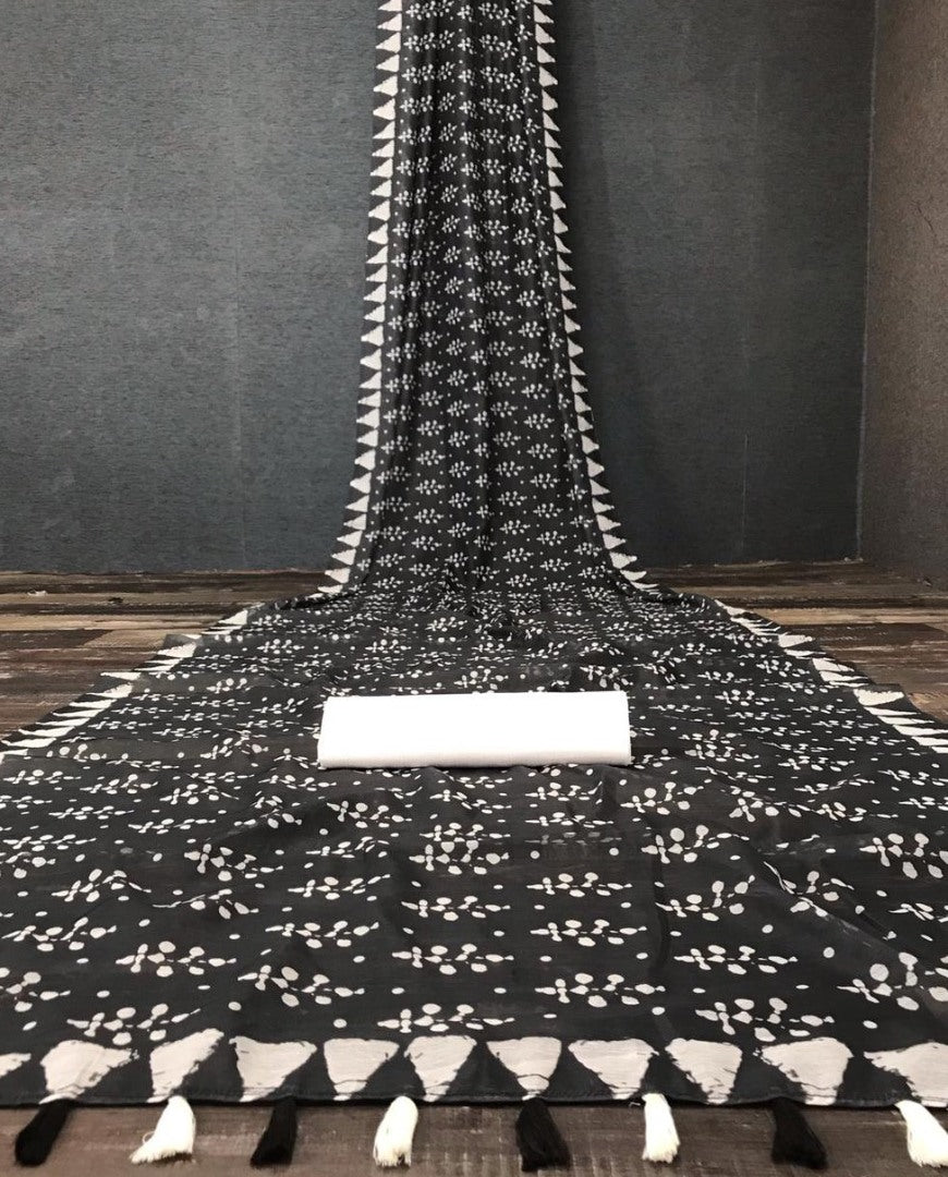 Black semi chanderi linen digital printed work saree