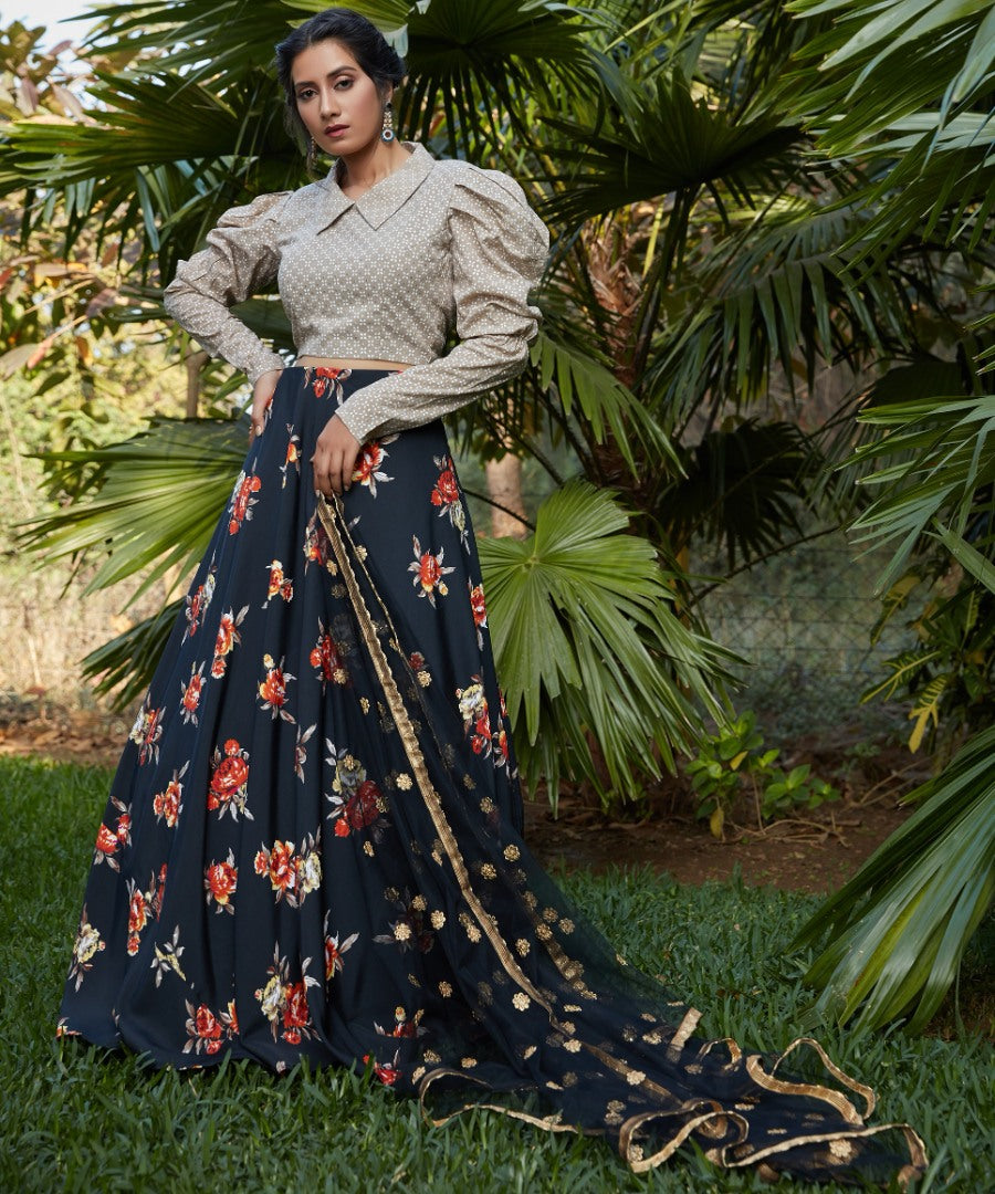 Black silk crepe flower printed party wear lehenga choli
