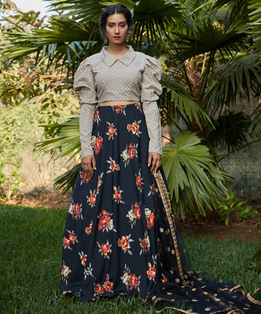 Black silk crepe flower printed party wear lehenga choli