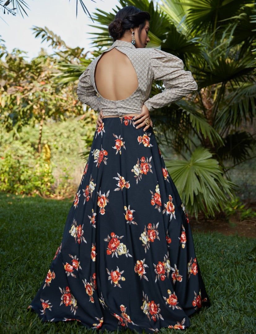 Black silk crepe flower printed party wear lehenga choli