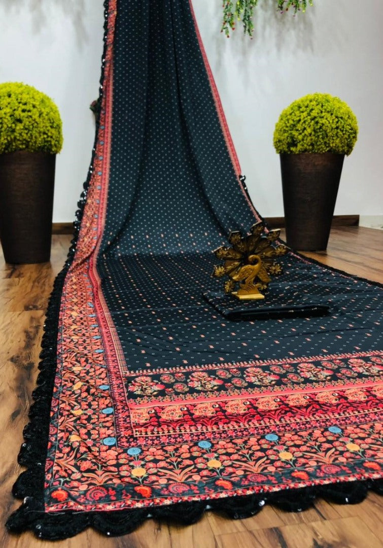 Black silk digital printed saree