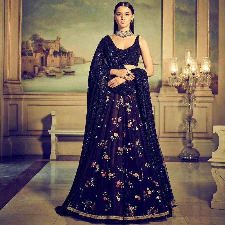 Black silk embroidered partywear lehenga