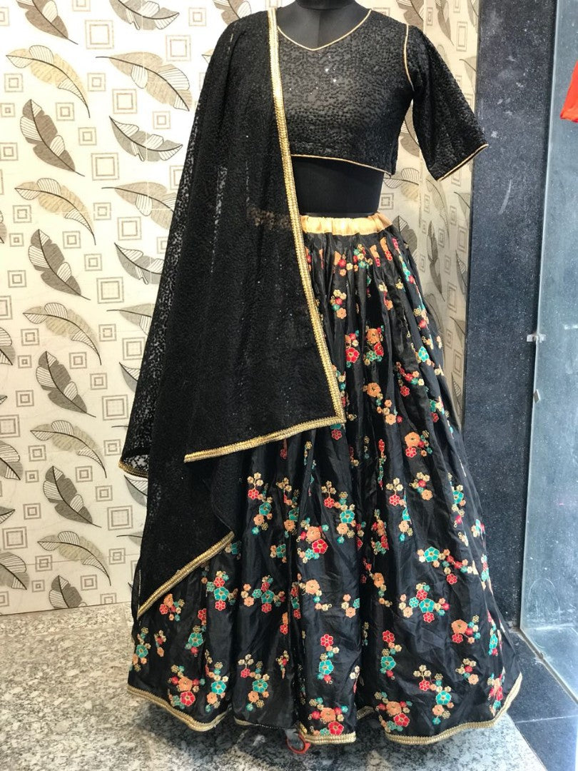 Black silk embroidered partywear lehenga