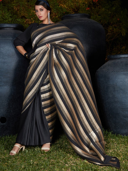 Black silk foil print with platting work party wear saree