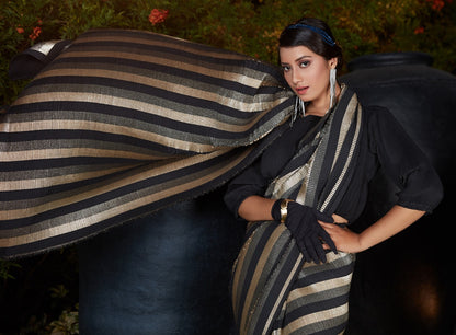 Black silk foil print with platting work party wear saree