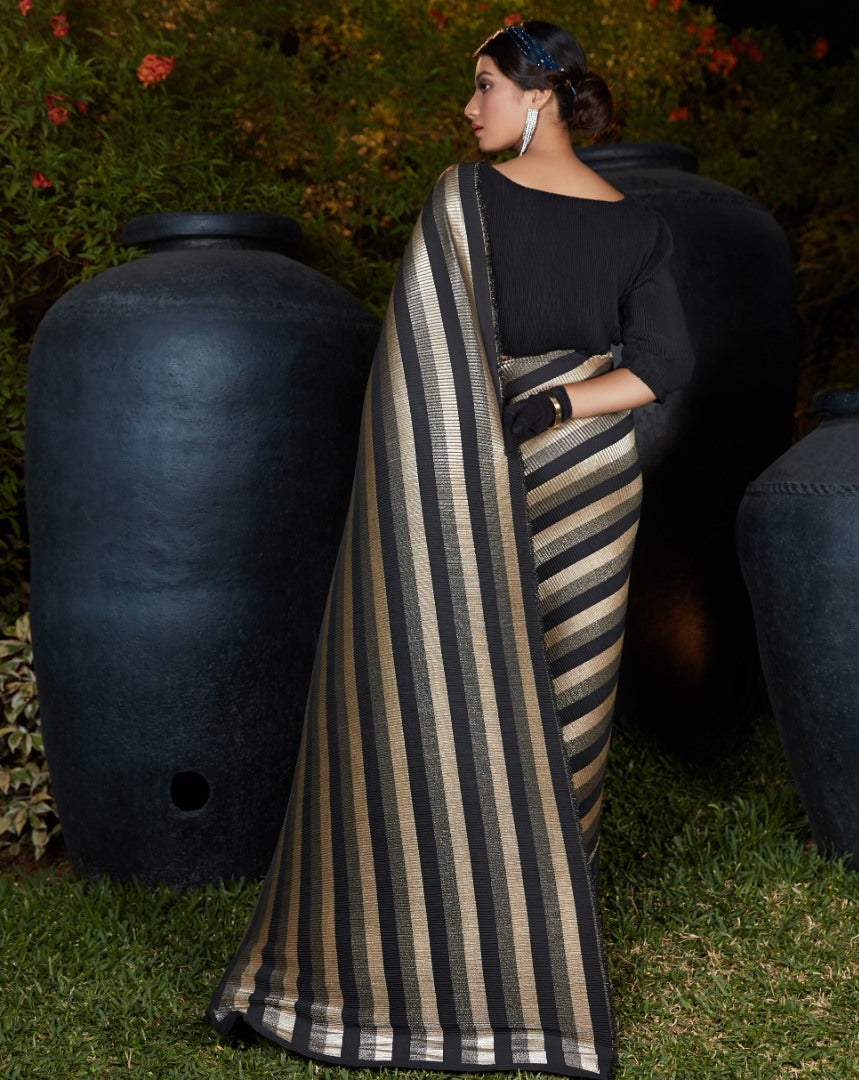 Black silk foil print with platting work party wear saree