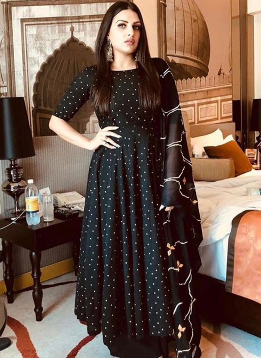 Black silk printed work party wear umbrella flair anarkali dress