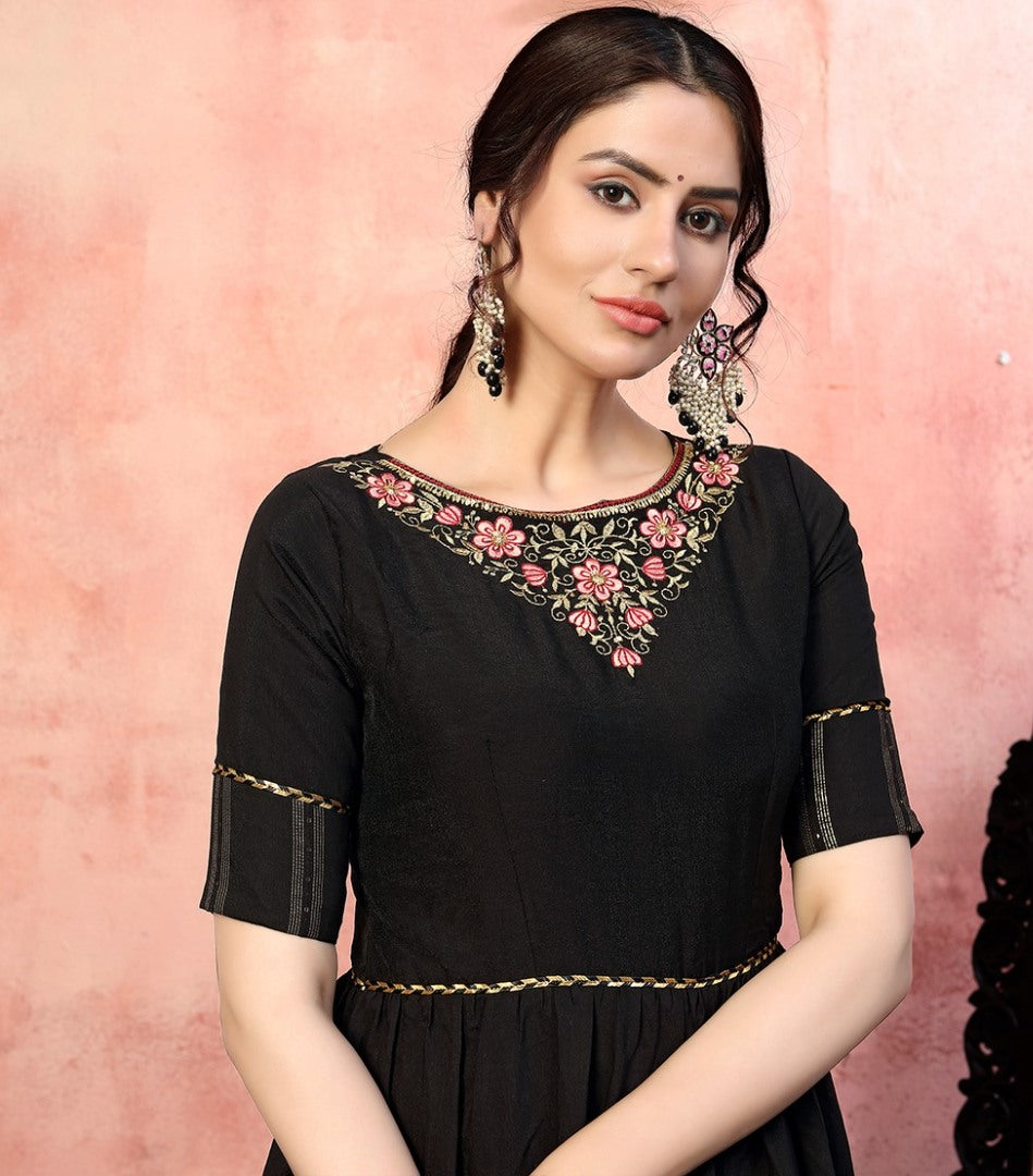 Black silk sequence thread embroidered party wear gown