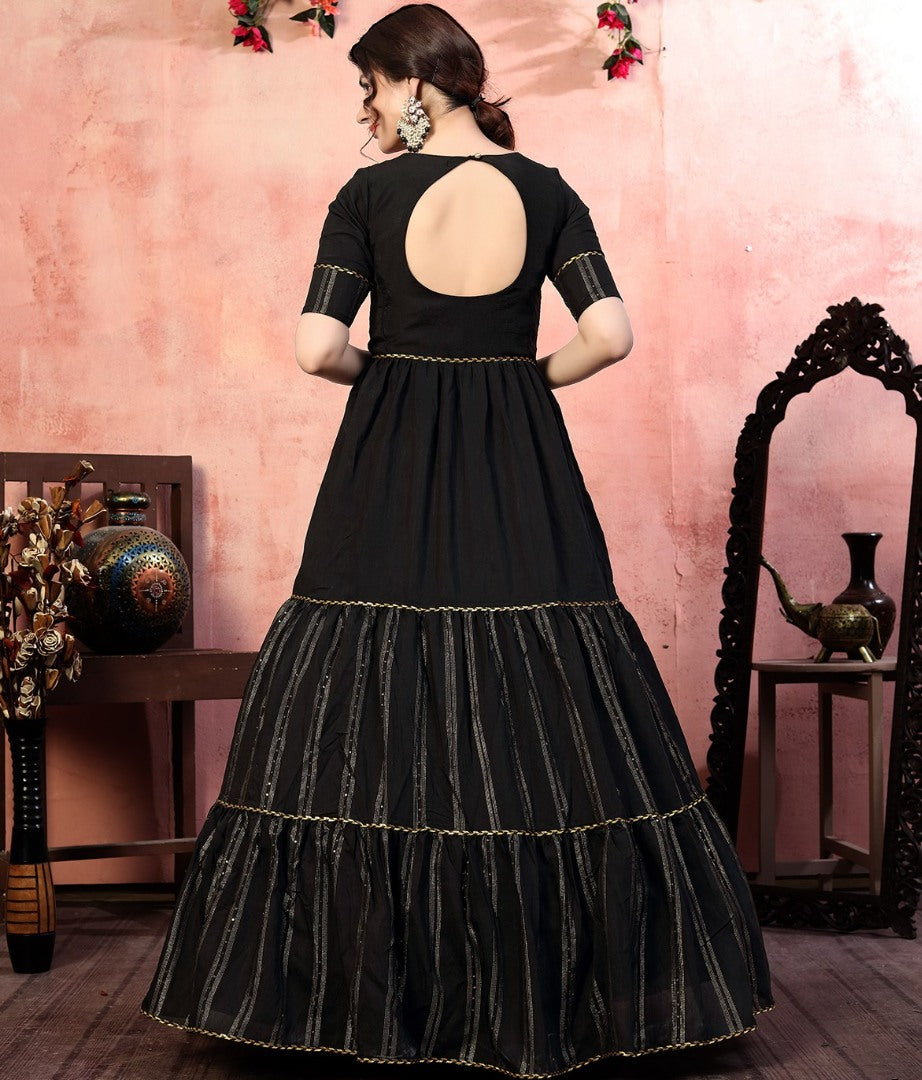 Black silk sequence thread embroidered party wear gown