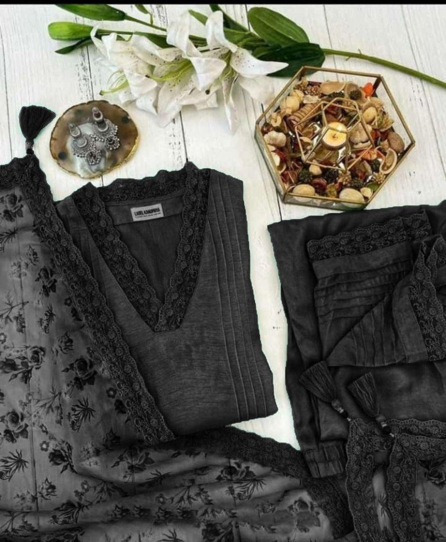 Black slub cotton suit