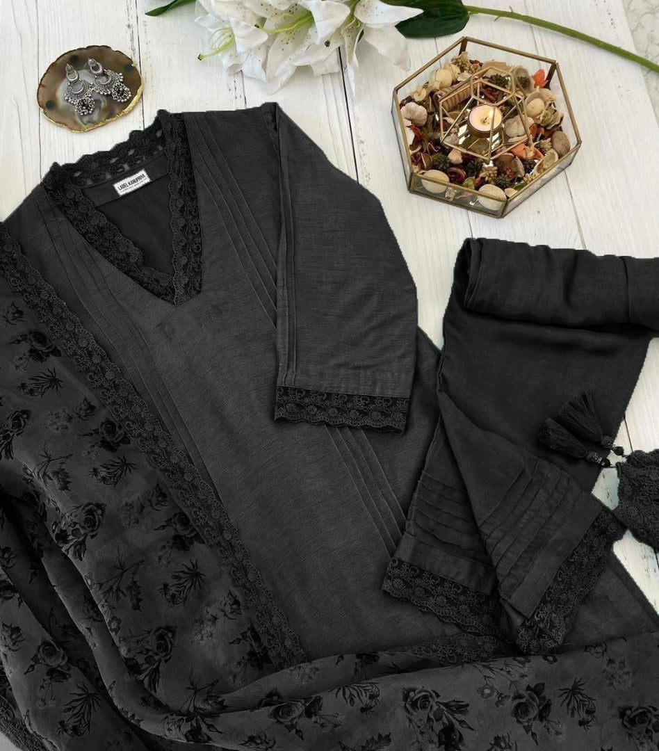 Black slub cotton suit