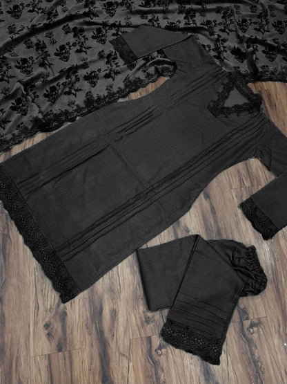 Black slub cotton suit