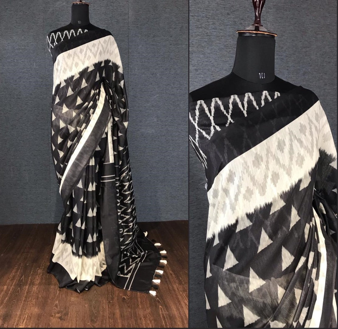 Black slub linen cotton digital printed work saree