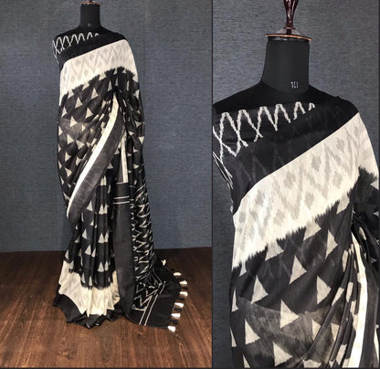 Black slub linen cotton digital printed work saree