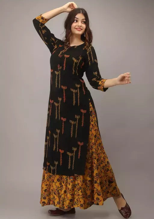 Black slub rayon printed yellow plazzo kurti