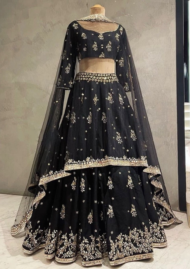 Black slub silk heavy embroidered wedding lehenga choli