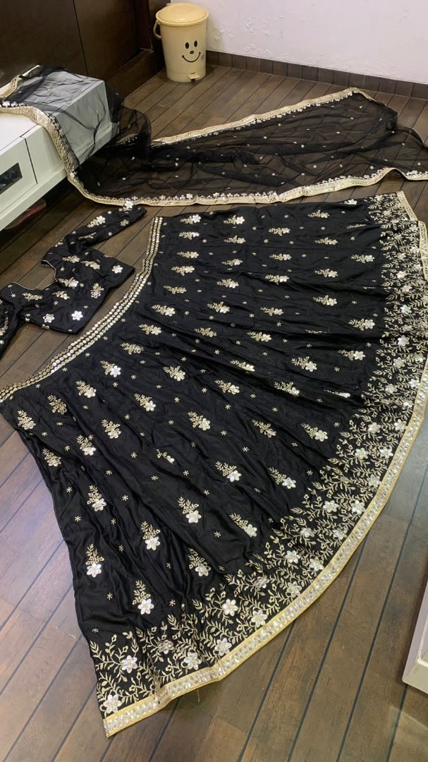 Black slub silk heavy embroidered wedding lehenga choli