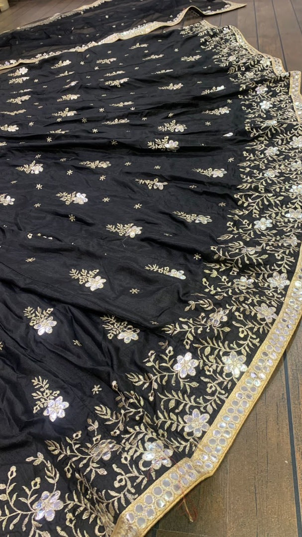 Black slub silk heavy embroidered wedding lehenga choli
