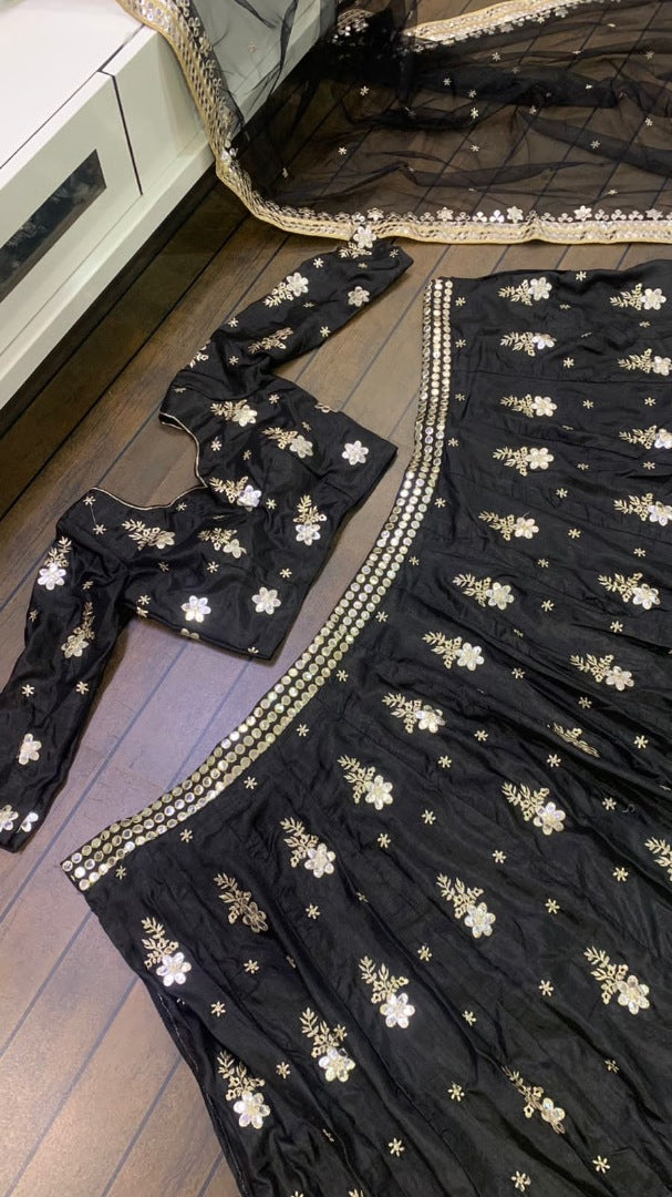 Black slub silk heavy embroidered wedding lehenga choli