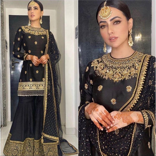 Black slub silk heavy embroidered wedding sharara suit
