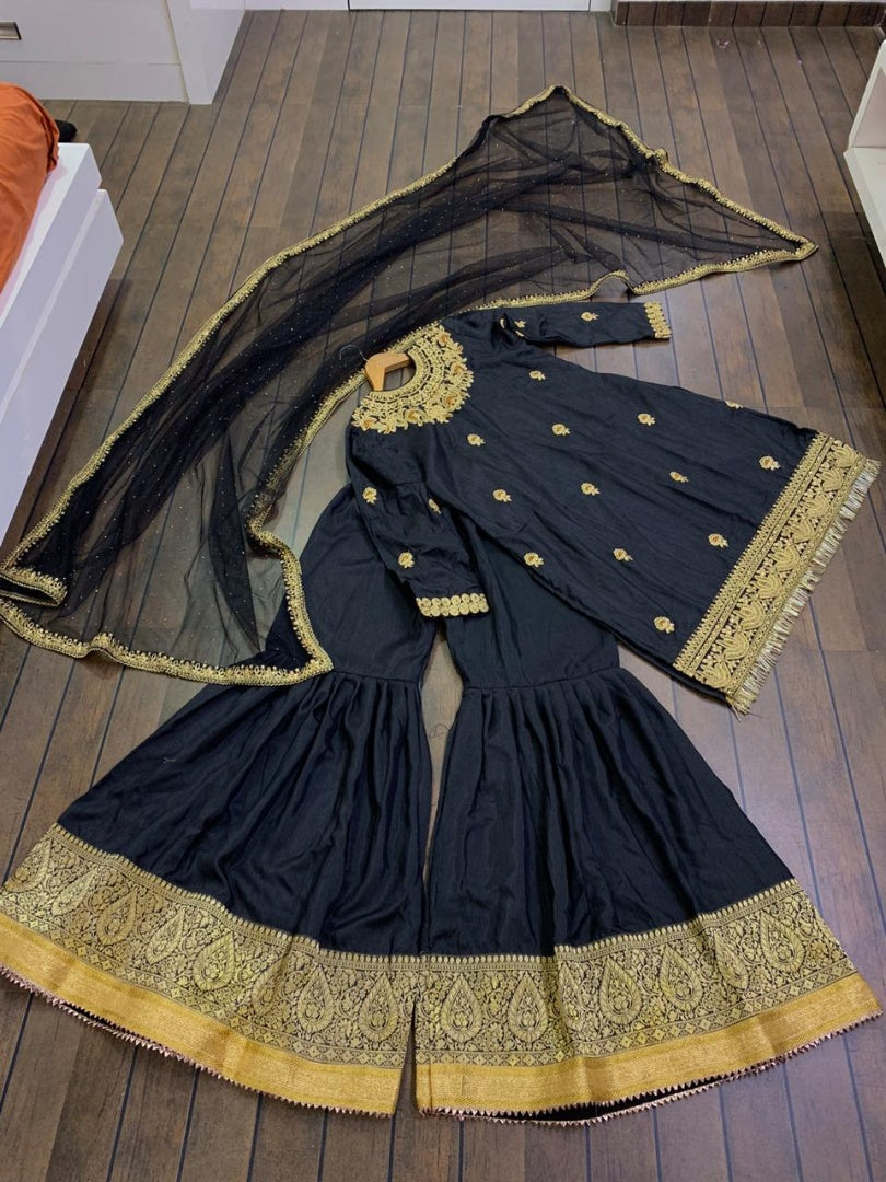 Black slub silk heavy embroidered wedding sharara suit