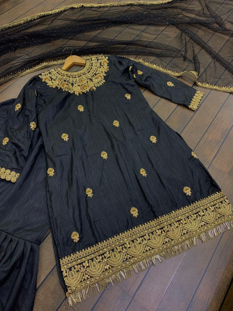 Black slub silk heavy embroidered wedding sharara suit