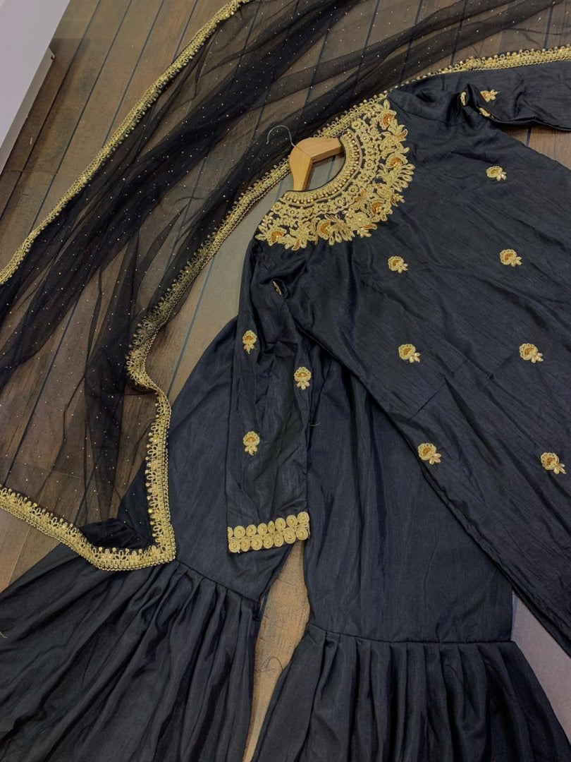 Black slub silk heavy embroidered wedding sharara suit
