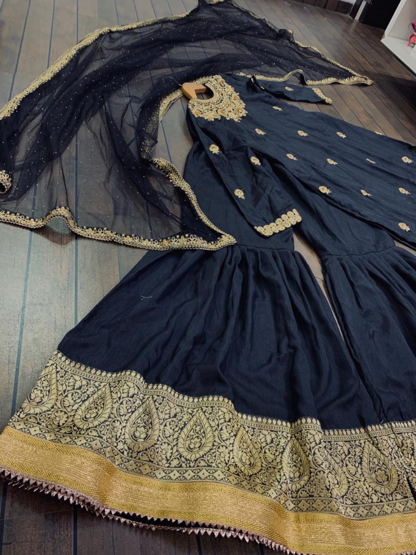 Black slub silk heavy embroidered wedding sharara suit