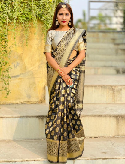 Black soft lichi silk jacquard weaving border work saree