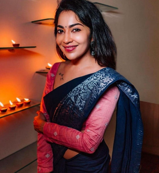 Black soft lichi silk jacquard weaving border work saree