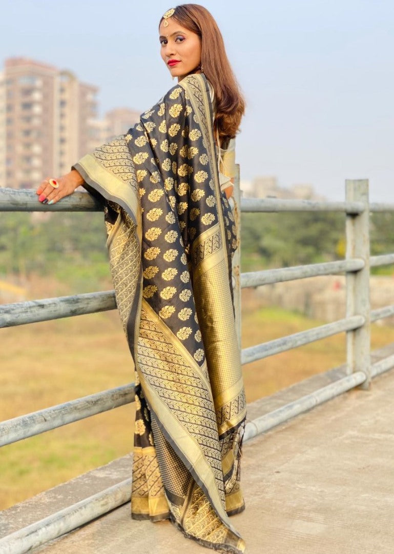 Black soft lichi silk jacquard weaving border work saree
