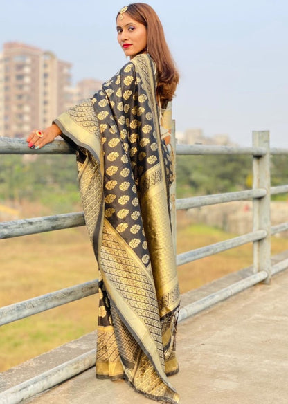 Black soft lichi silk jacquard weaving border work saree