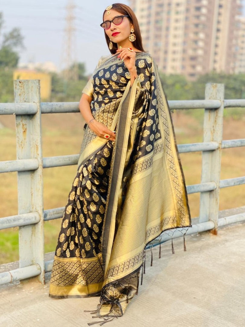 Black soft lichi silk jacquard weaving border work saree
