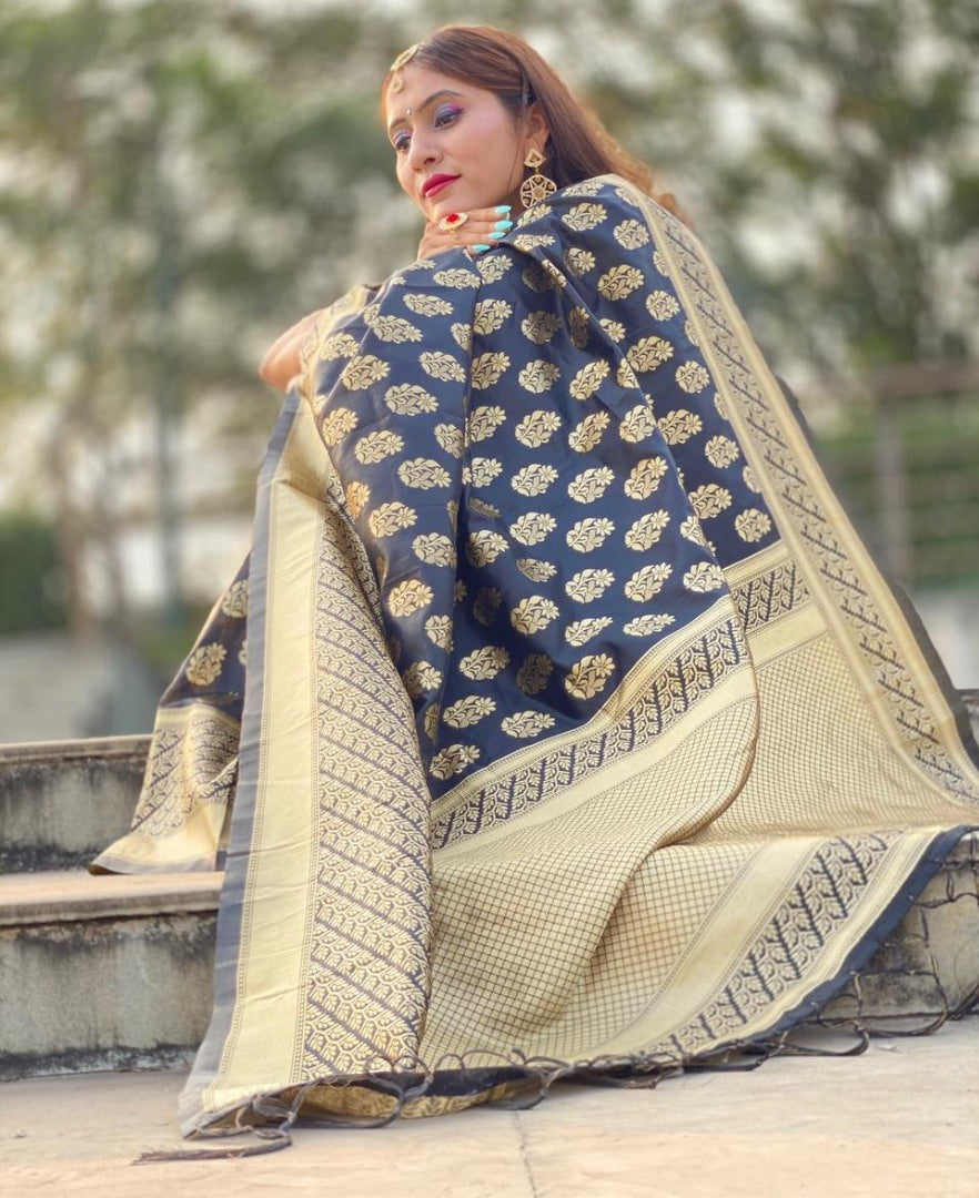 Black soft lichi silk jacquard weaving border work saree