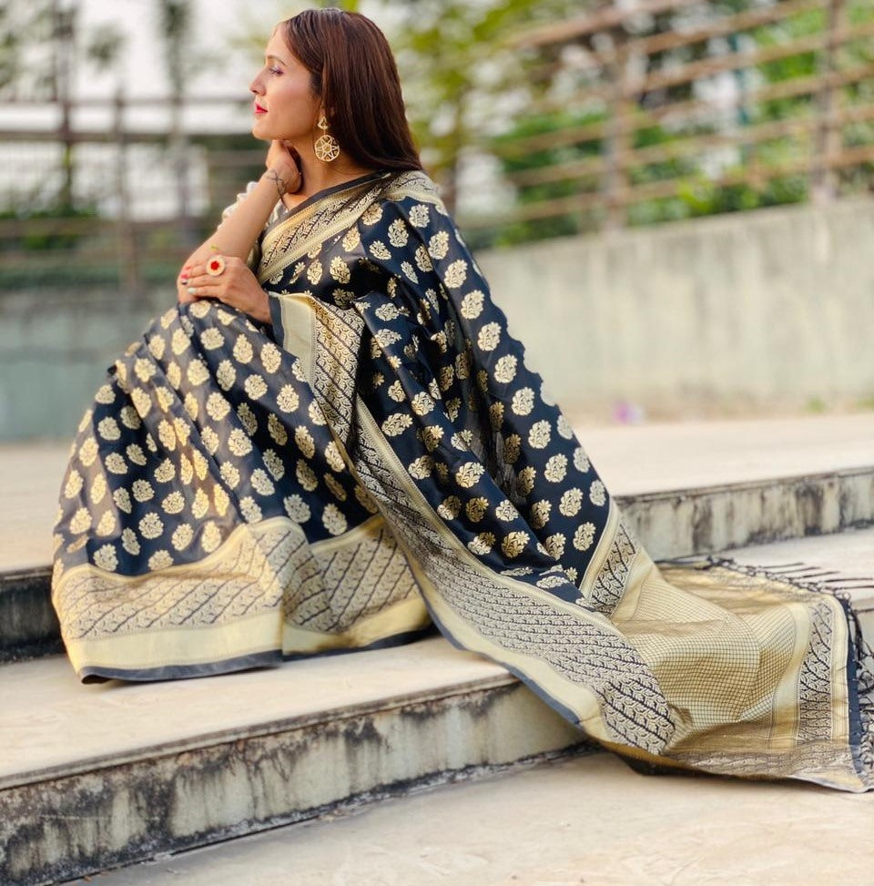 Black soft lichi silk jacquard weaving border work saree