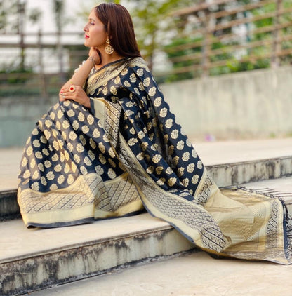 Black soft lichi silk jacquard weaving border work saree