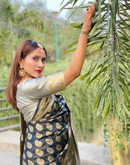 Black soft lichi silk jacquard weaving border work saree