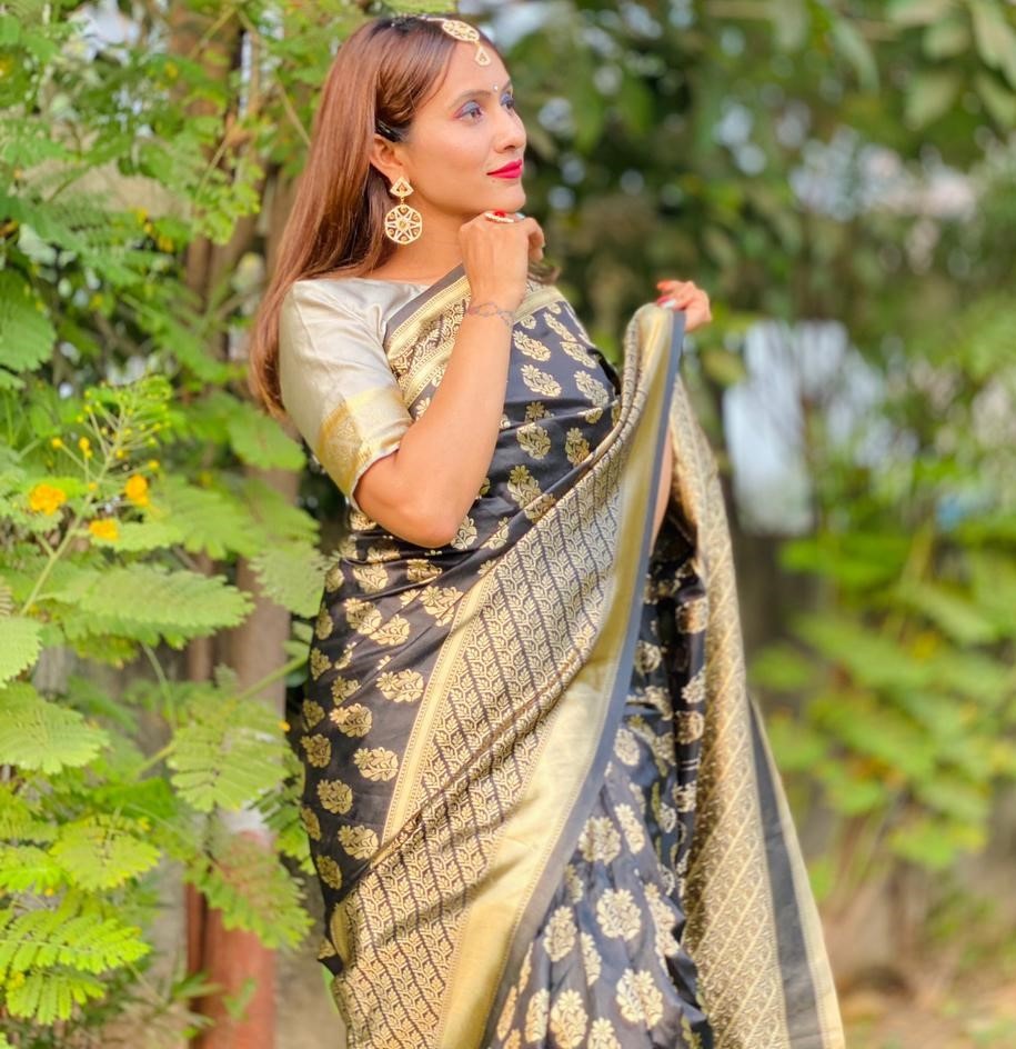 Black soft lichi silk jacquard weaving border work saree