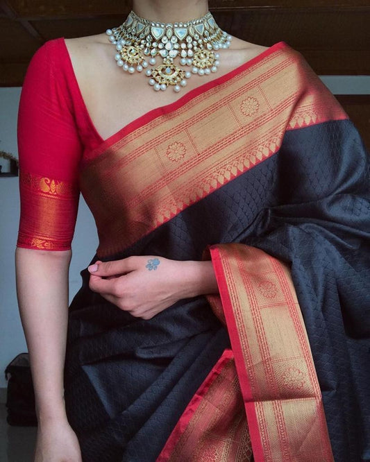 Black soft lichi silk jacquard weaving work wedding saree