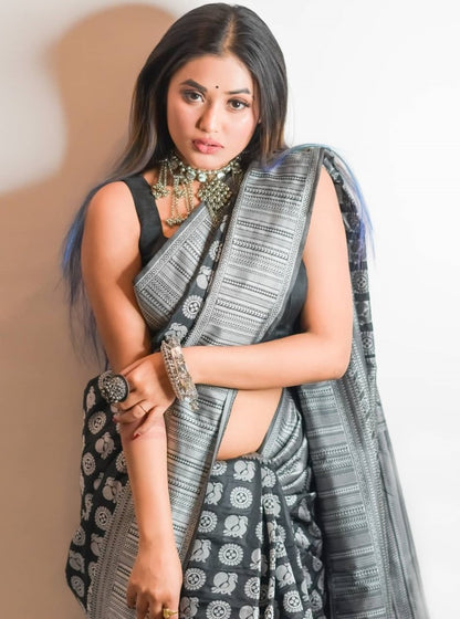 Black soft lichi silk jacquard weaving work wedding saree