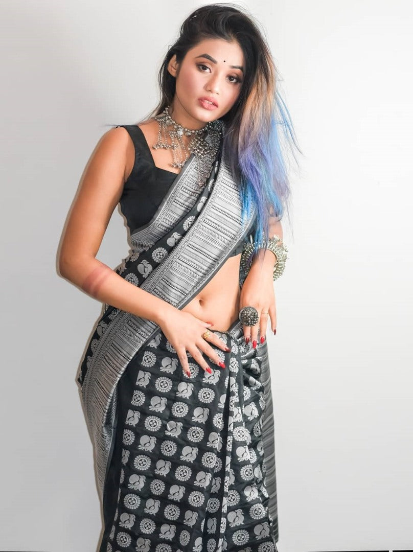 Black soft lichi silk jacquard weaving work wedding saree