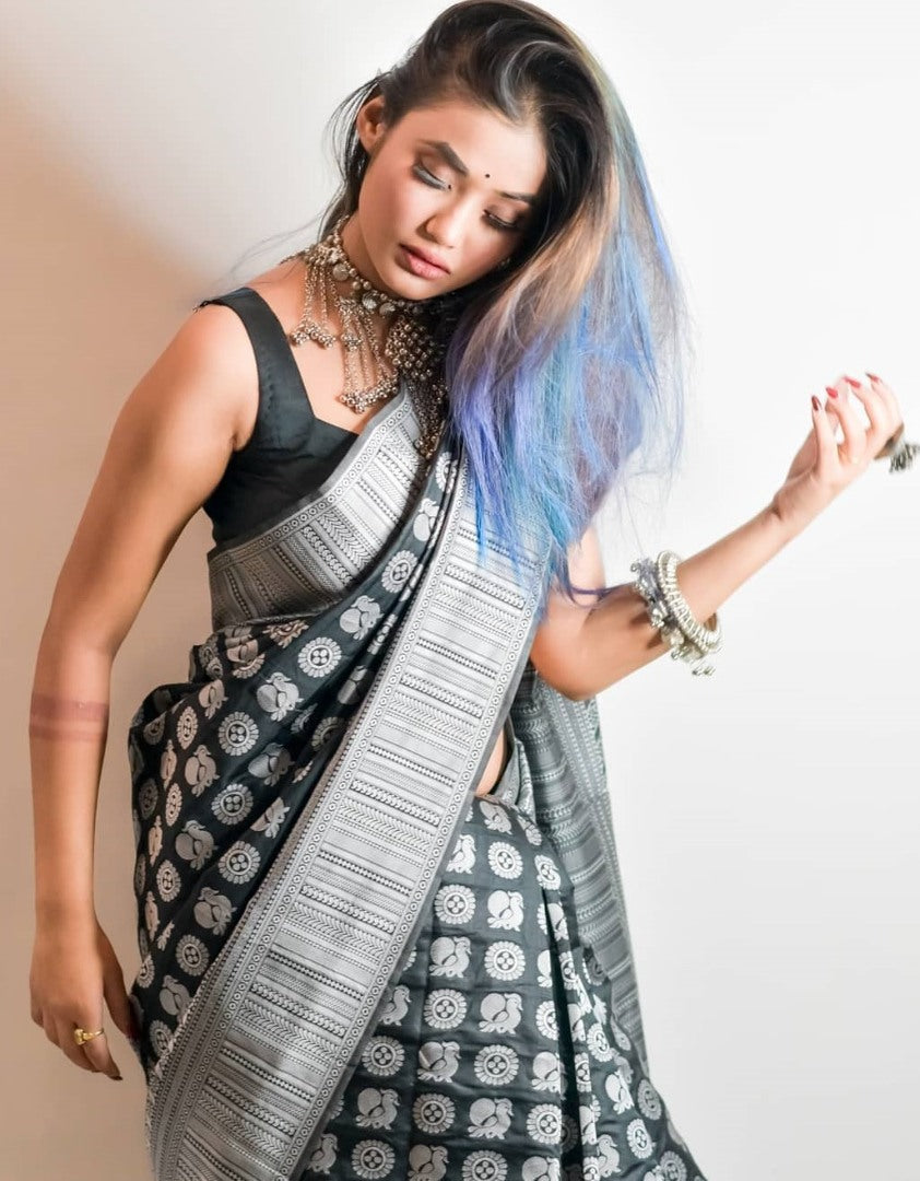 Black soft lichi silk jacquard weaving work wedding saree