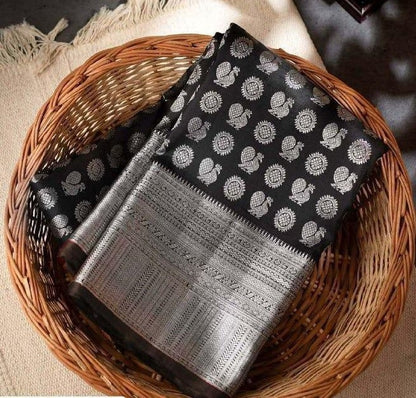 Black soft lichi silk jacquard weaving work wedding saree