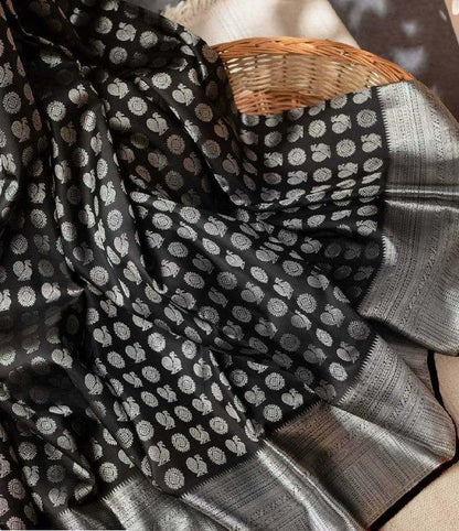 Black soft lichi silk jacquard weaving work wedding saree