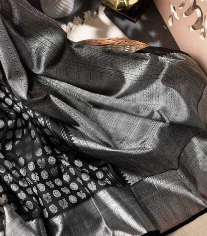 Black soft lichi silk jacquard weaving work wedding saree