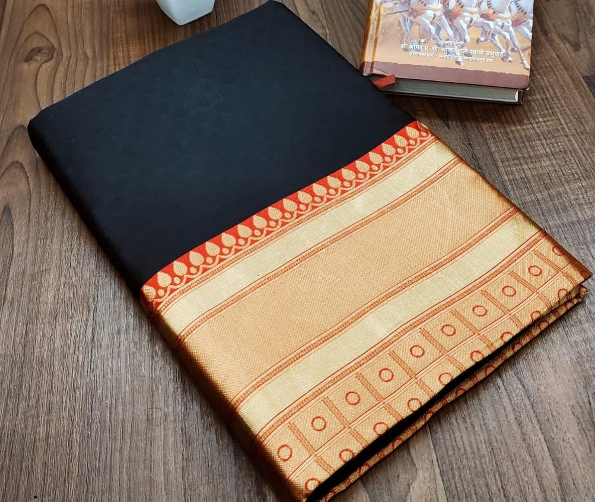 Black soft lichi silk jacquard weaving work wedding saree