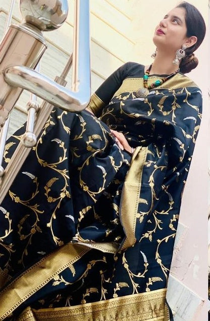 Black soft lichi silk jacquard work saree