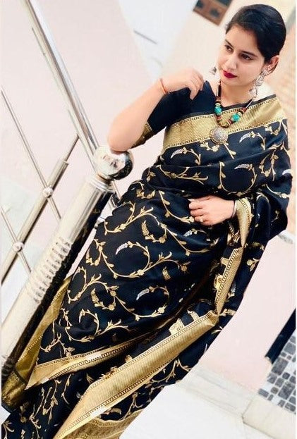 Black soft lichi silk jacquard work saree