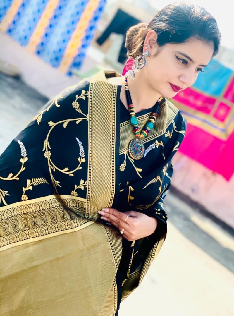 Black soft lichi silk jacquard work saree