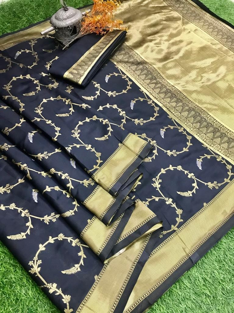 Black soft lichi silk jacquard work saree